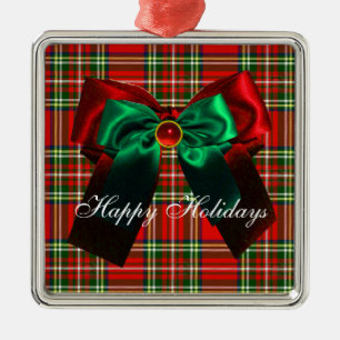 SCOTTISH TARTAN EN RED GREEN CHRISTMAS BOWS METALEN ORNAMENT