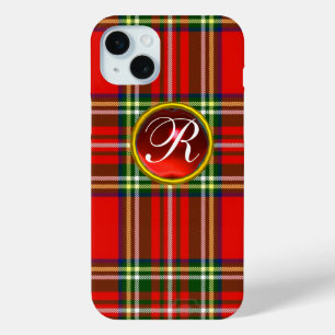 SCOTTISH TARTAN EN RODE RUBY GEMSTONE MONOGRAM iPhone 15 MINI HOESJE