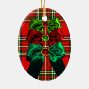 SCOTTISH TARTAN MET RODE GROEN CHRISTMAS BOWS KERAMISCH ORNAMENT