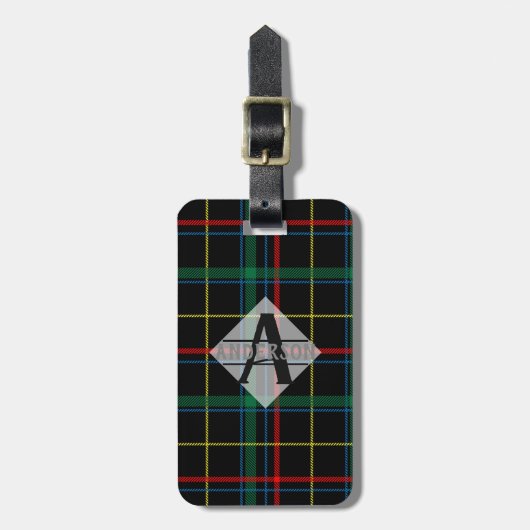 Scottish Tartan Monogram Gift - Green Red Black Bagagelabel (Voorkant verticaal)