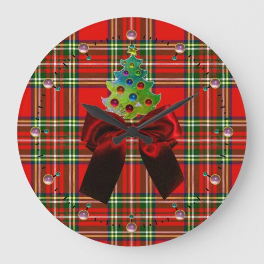 SCOTTISH TARTAN, RED BOW EN CHRISTMAS TREE GROTE KLOK (Voorkant)