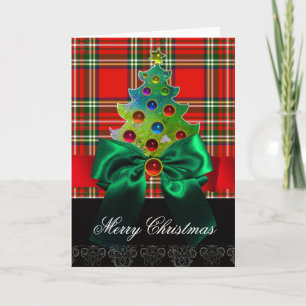 SCOTTISH TARTAN, RED GREEN BOWS EN CHRISTMAS TREE FEESTDAGEN KAART