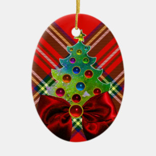 SCOTTISH TARTAN, RED GREEN BOWS EN CHRISTMAS TREE KERAMISCH ORNAMENT