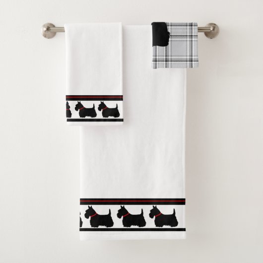 Scottish Terrier/col rouge/plaid gris/frontière (En situation)