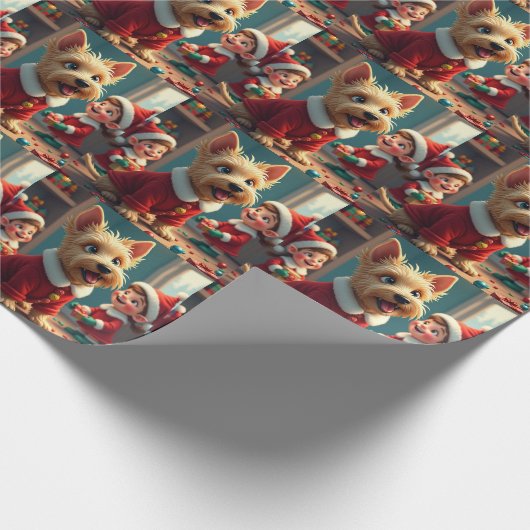 Scottish Terrier Helping Santa’s Elves Christmas Cadeaupapier (Hoek)