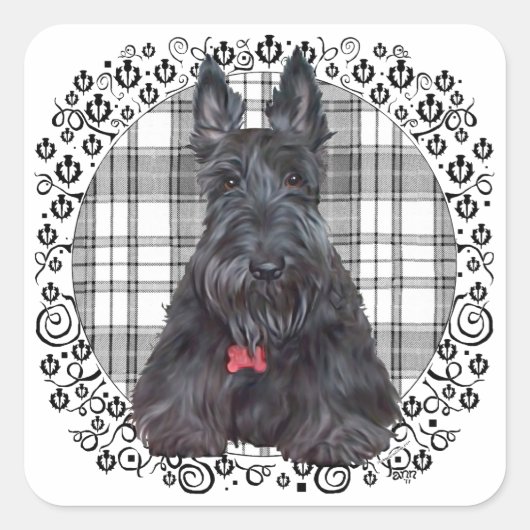 Scottish Terrier op Tartan Vierkante Sticker (Voorkant)