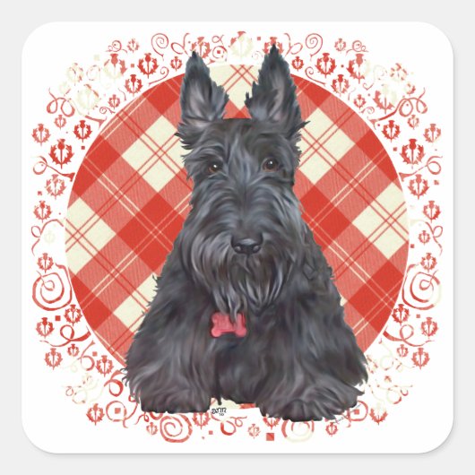 Scottish Terrier op Tartan Vierkante Sticker (Voorkant)