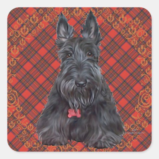 Scottish Terrier op Tartan Vierkante Sticker (Voorkant)