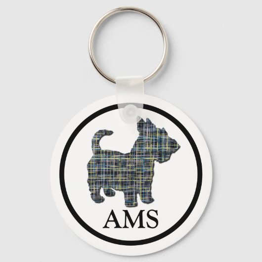 Scottish Terrier Scottie Dog Silhouette Y&B Grid Sleutelhanger (Voorkant)