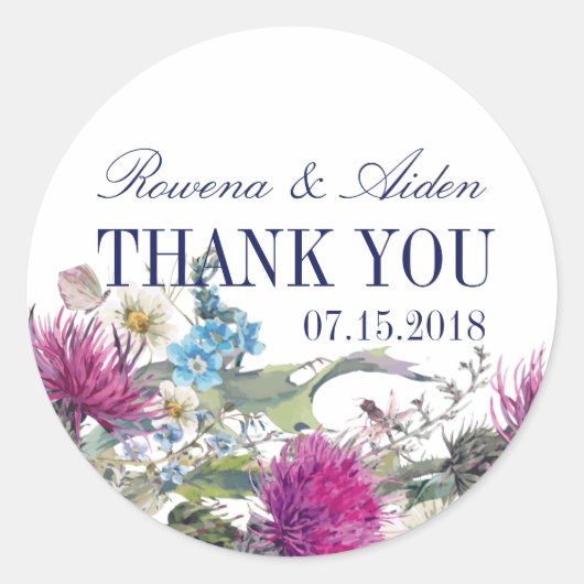 Scottish Thistle Floral Wedding Dank u Ronde Sticker (Voorkant)