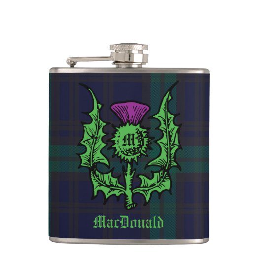 Scottish Thistle on Dark Tartan Custom Name Heupfles (Voorkant)
