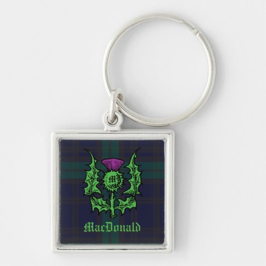 Scottish Thistle on Dark Tartan Custom Name Sleutelhanger (Voorkant)