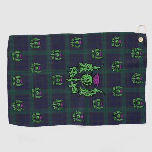 Scottish Thistle op Dark Tartan Custom Monogram Golfhanddoek (Horizontaal)