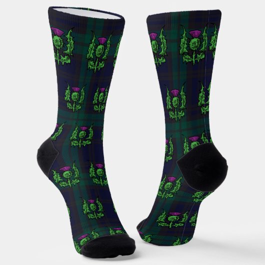 Scottish Thistle op Dark Tartan Custom Monogram Sokken (Gebogen)