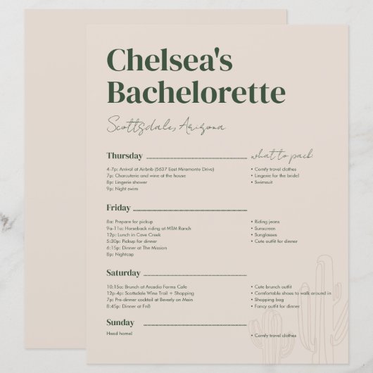 Scottsdale Bachelorette-weekendprogramma (Voorkant / Achterkant)