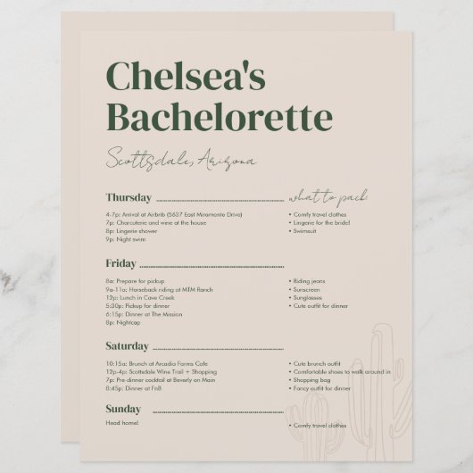 Scottsdale Bachelorette Weekendschema (Voorkant / Achterkant)