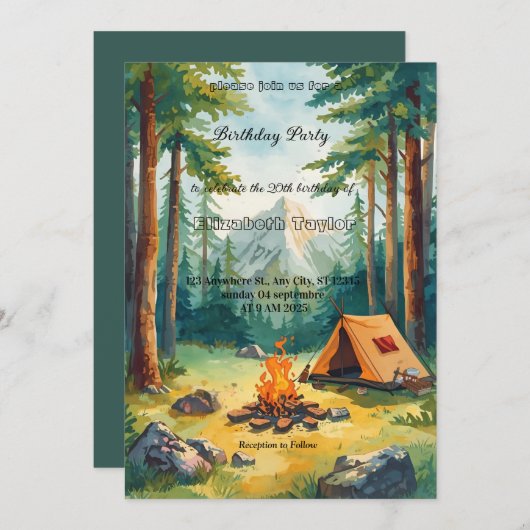 scout Camping party birthday invitation (Devant / Derrière)