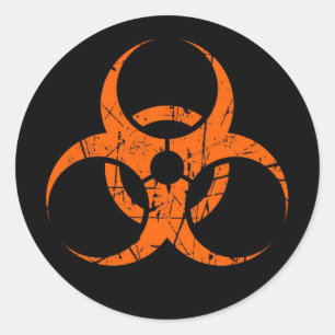 Scratched Oranje Biohazard Symbool op zwart Ronde Sticker