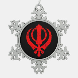 Scratched Red Sikh Khanda-symbool op zwart Tin Sneeuwvlok Ornament