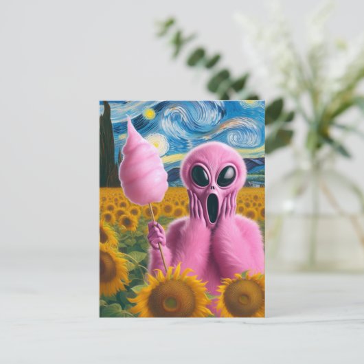 Screaming Alien Holding Katoen Snoep Zonnebloemen Briefkaart (Staand voorkant)