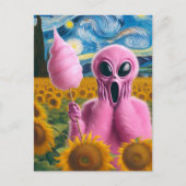 Screaming Alien Holding Katoen Snoep Zonnebloemen Briefkaart (Voorkant)