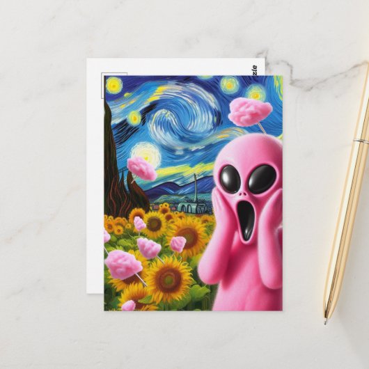 Screaming Pink Alien Fine Art Parodie Briefkaart (Voorkant / Achterkant in situ)