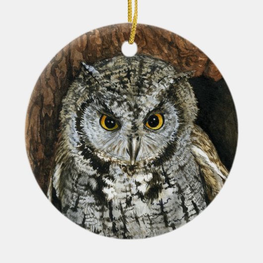 Screech Owl kerstschilderij met waterverf Keramisch Ornament (Voorkant)