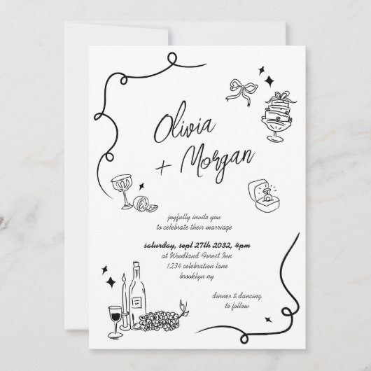 Scribble Doodle Alles in een bruiloft uitnodiging (Voorkant)