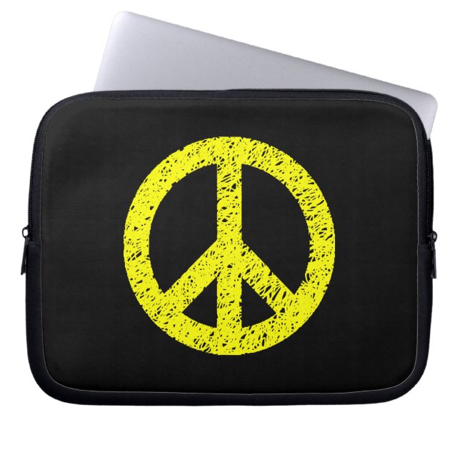 Scribble Stenciled Peace Symbol - Geel op zwart Laptop Sleeve (Voorkant)