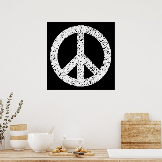 Scribble Stenciled Peace Symbol - White on Black Poster (Keuken)