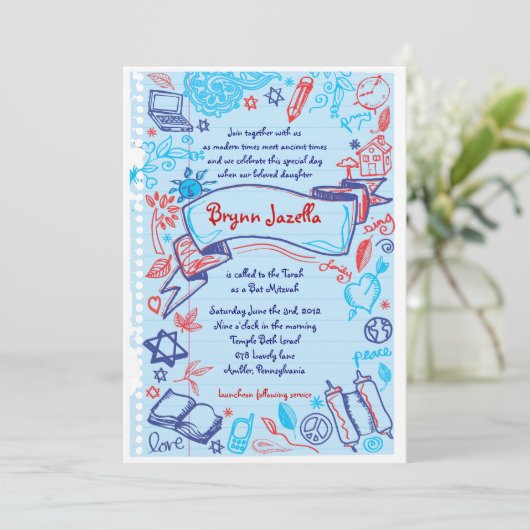 SCRIBLES sur NOTEPAPER Bat Bat mitzvah Invitation (Debout devant)