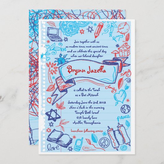 SCRIBLES sur NOTEPAPER Bat Bat mitzvah Invitation (Devant / Derrière)