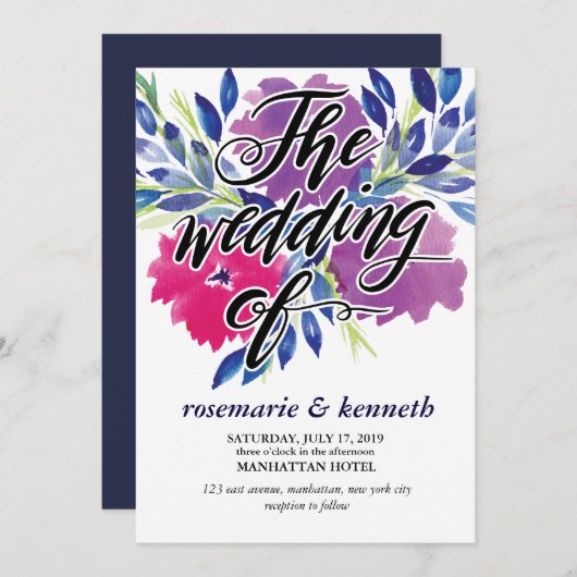 Script à la main et Faire-part de mariage à fleurs (Devant / Derrière)