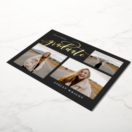 Script Afstuderen Simple 3 Photo Collage Party Foi Folie Uitnodiging (Gedraaid)