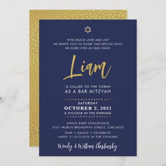 SCRIPT BAR MITZVAH belettering goud marineblauw Kaart (Voorkant / Achterkant)