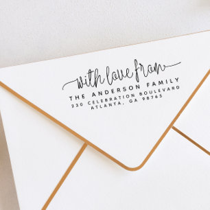Script belettering met liefde van & retour adres 	rubberstempel
