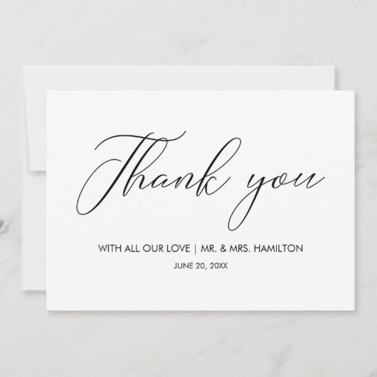 Script belettering zwart & wit bruiloft dank u bedankkaart (Voorkant)
