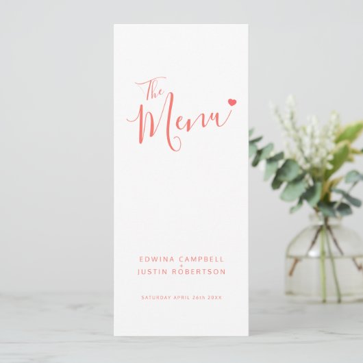 Script blanc et corail moderne menu mariage simple (Debout devant)