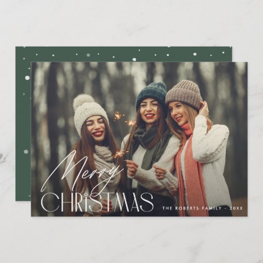 script blanc moderne joyeux carte photo de noël (Devant / Derrière)