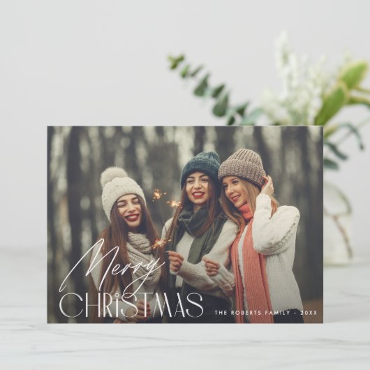 script blanc moderne joyeux carte photo de noël (Debout devant)