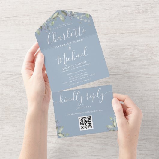 Script Bloem QR Code Stofblauw Huwelijk All In One Uitnodiging (Afscheurbaar)