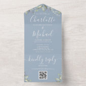 Script Bloem QR Code Stofblauw Huwelijk All In One Uitnodiging (Binnen)