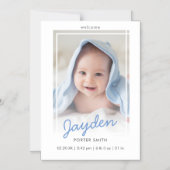 Script Blue Boy Fotogeboorteaankondiging Magnetische Uitnodiging (Voorkant)