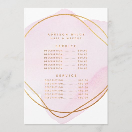 Script Blush Roze Aquarel Goud Service Prijs Menu (Voorkant)