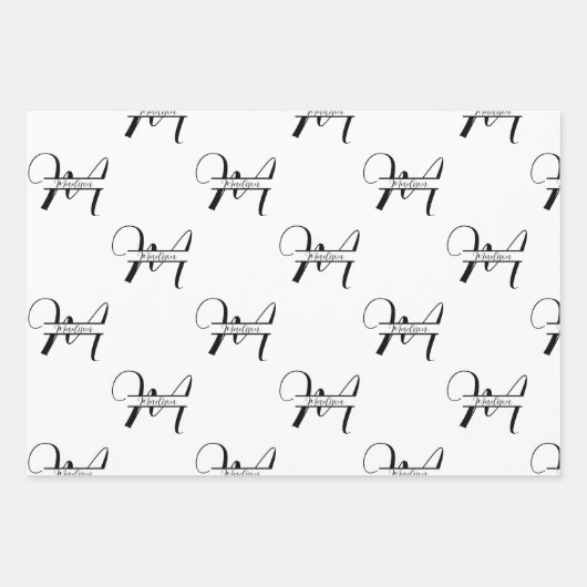 Script Calligrafie Zwart & Wit Monogrammed Naam Inpakpapier Vel (Voorkant)