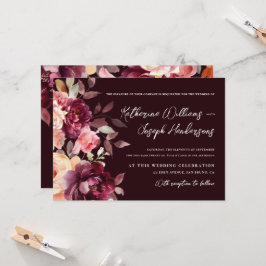 Script calligraphy Bouquet Floral Burgundy Wedding Kaart