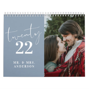 Script Calligraphy Newly Wed Photo Dusty Blue Kalender