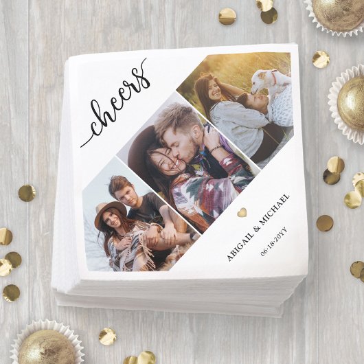 Script Cheers 3 Fotocollage & Gold Heart Wedding Servet