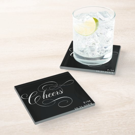 Script Cheers | Aangepast Moody Black Weddenschap Glazen Onderzetter (Schuin)