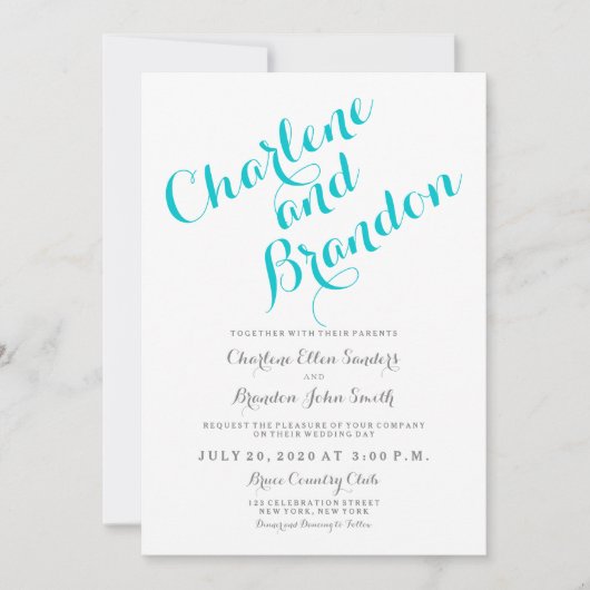 Script classique | Faire-part de mariage turquoise (Devant)